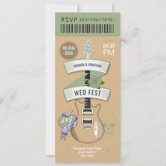 Indie Acoustic Rock ’n’ Roll Wedding Ticket Kaart (Voorkant)