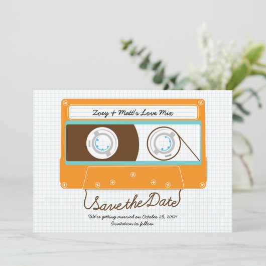 Indie Mixtape Bruiloft (Oranje/Lucht) Save the Dat Save The Date (Staand voorkant)