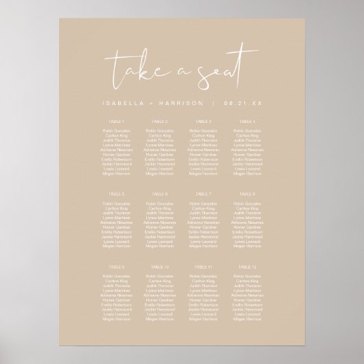 INDIE Moderne Bohemian Beige Wedding Seating Chart Poster (Voorkant)