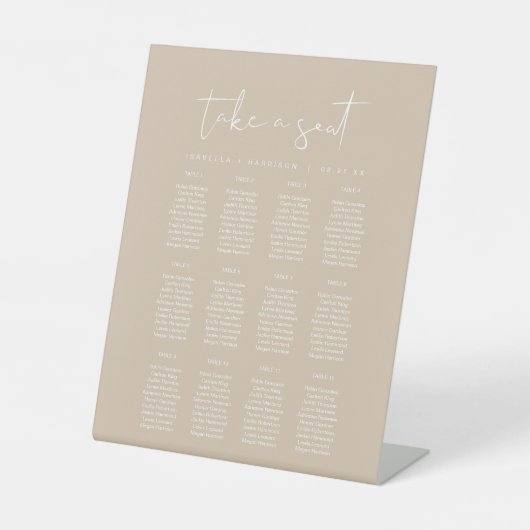 INDIE Moderne Bohemian Beige Wedding Seating Chart Reclamebord Met Voetstuk (Voorkant)