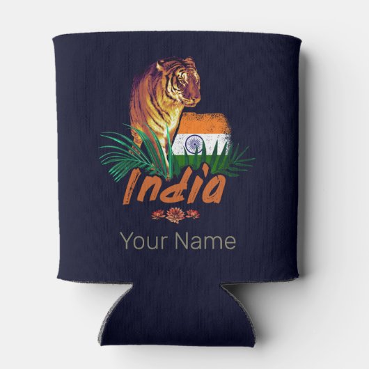 Indië  tijger met vlag retro lotus souvenir blikjeskoeler (Achterkant)