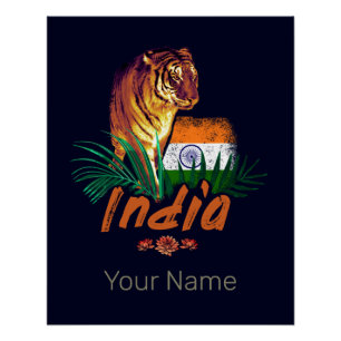 Indië  tijger met vlag retro lotus souvenir perfect poster