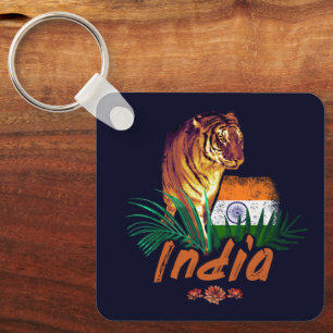 Indië  tijger met vlag retro lotus souvenir sleutelhanger
