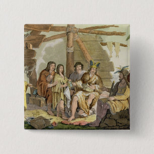 Indiërs die handel drijven met La Perouse in Cana Vierkante Button 5,1 Cm