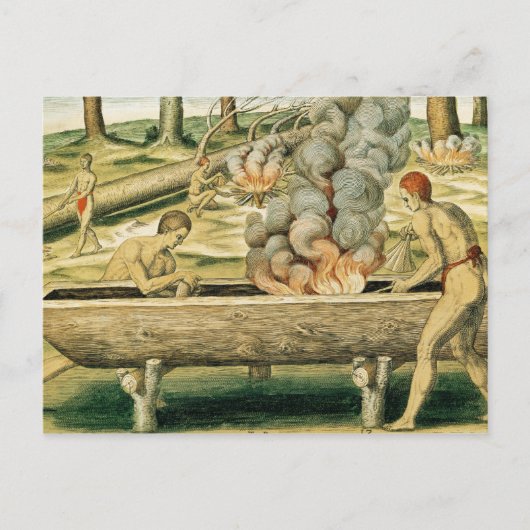 Indiërs maken een Dugout Canoe Briefkaart (Voorkant)