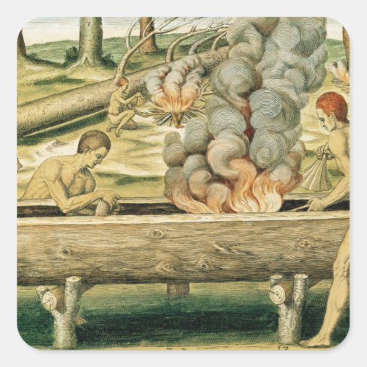 Indiërs maken een Dugout Canoe Vierkante Sticker (Voorkant)