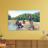 Indiërs wassen kleren in de Russische rivier Canvas Afdruk (Insitu (Woonkamer))