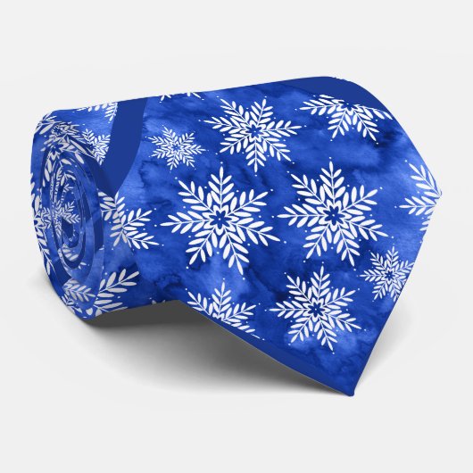 Indigo Abstracte Waterverf Snowflakes Stropdas (Opgerold)