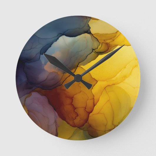 Indigo Amber Alcohol Ink Abstracte Ronde Klok (Voorkant)
