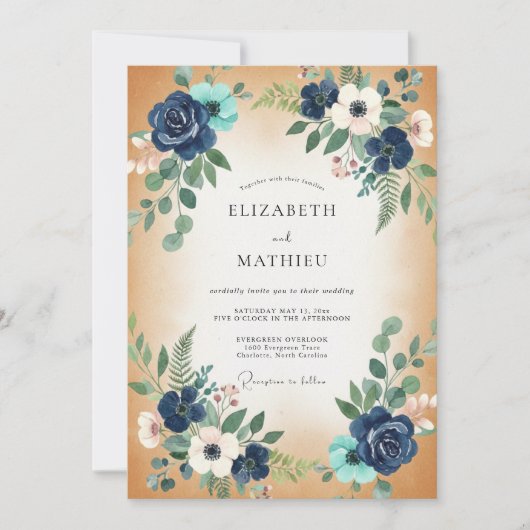 Indigo Aqua Eucalyptus Bruiloft Kaart (Voorkant)