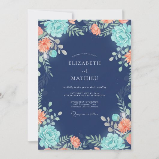 Indigo Aqua Petal Bruiloft Kaart (Voorkant)