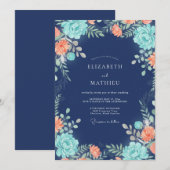 Indigo Aqua Petal Bruiloft Kaart (Voorkant / Achterkant)