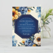Indigo Artistic Bloom Wedding Kaart (Staand voorkant)