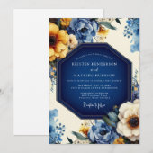 Indigo Artistic Bloom Wedding Kaart (Voorkant / Achterkant)