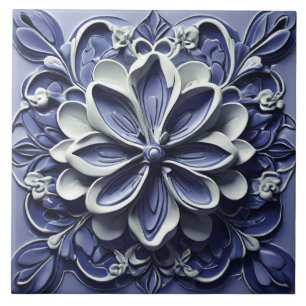 Indigo Azulejo Blauw Portugees Faux Relief Floral Tegeltje