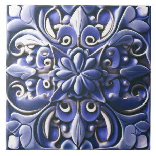 Indigo Azulejo Blue Faux Relief Botanische Bloem Tegeltje