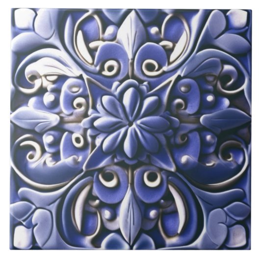 Indigo Azulejo Blue Faux Relief Botanische Bloem Tegeltje (Voorkant)
