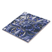 Indigo Azulejo Blue Faux Relief Botanische Bloem Tegeltje (Zijkant)