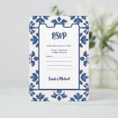 Indigo Azulejo Blue Portuguese Lisbon Decorative  Save The Date (Staand voorkant)