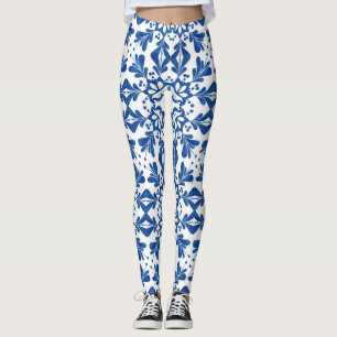 Indigo Azulejos Blue en White Pattern Tegels Leggings