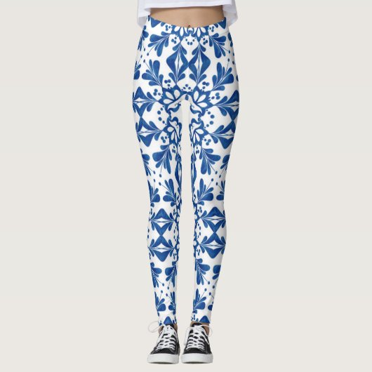 Indigo Azulejos Blue en White Pattern Tegels Leggings (Voorkant)