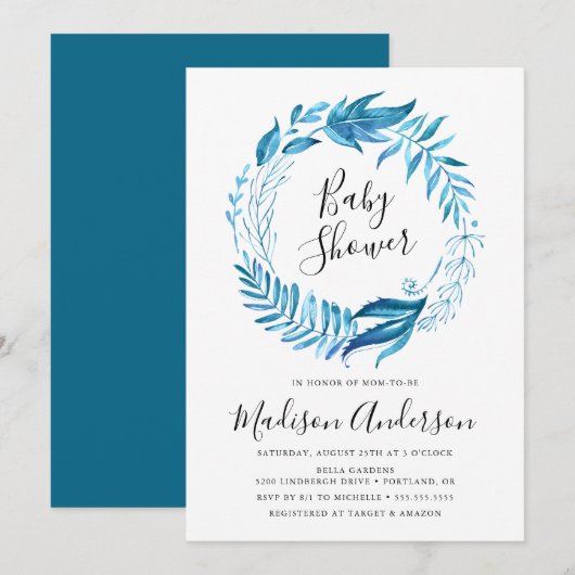 Indigo Bladeren | Krans Baby Shower Uitnodiging (Voorkant / Achterkant)