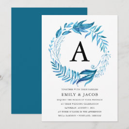 Indigo Bladeren | Monogram Huwelijksuitnodiging Kaart