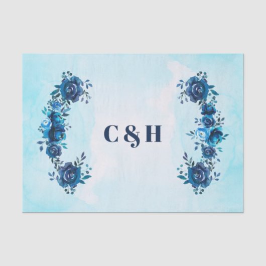 Indigo Blau Aquarel Bloemen Bloemstuk Bruiloft Tissuepapier (Voorkant)