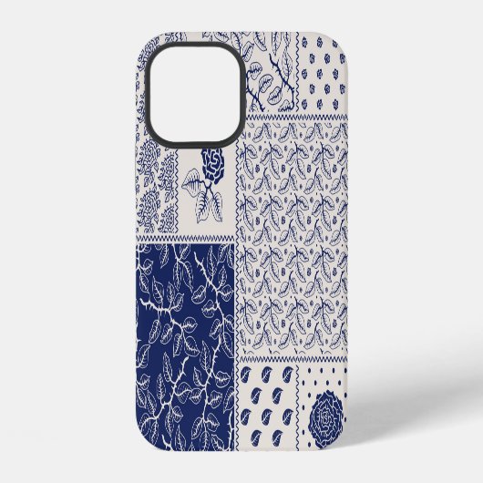 Indigo Blau Beige Bloemstuk Patchwork iPhone Hoesje (Achterkant)