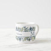 Indigo Blau Bladeren Rand Monogram Espresso Kop (Voorkant rechts)