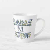Indigo Blau Bladeren Rand Monogram Latte Mok (Rechts)