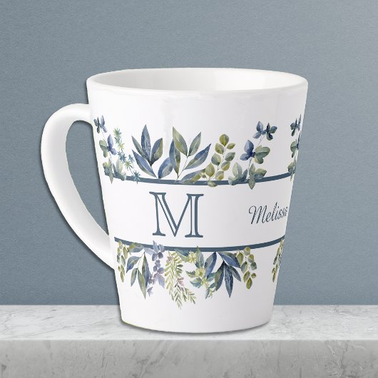 Indigo Blau Bladeren Rand Monogram Latte Mok