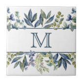 Indigo Blau Bladeren Rand Monogram Tegeltje (Voorkant)