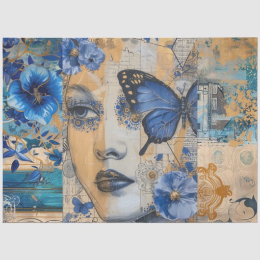 Indigo Blauw Abstracte Kunst Collage Decoupage Tissuepapier (Voorkant)
