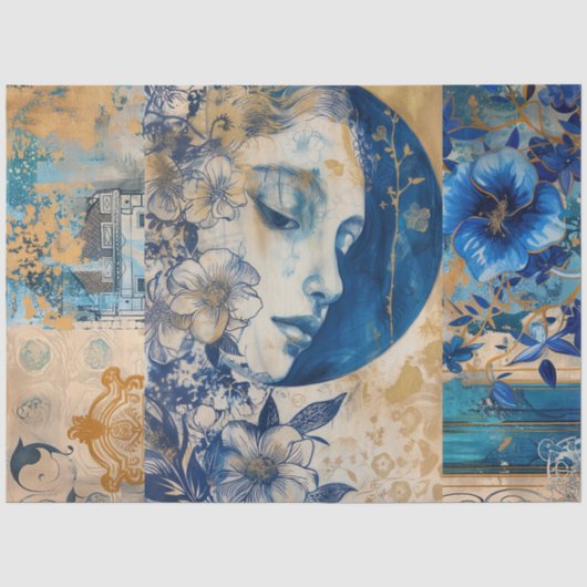 Indigo Blauw Abstracte Kunst Collage Decoupage Tissuepapier (Voorkant)