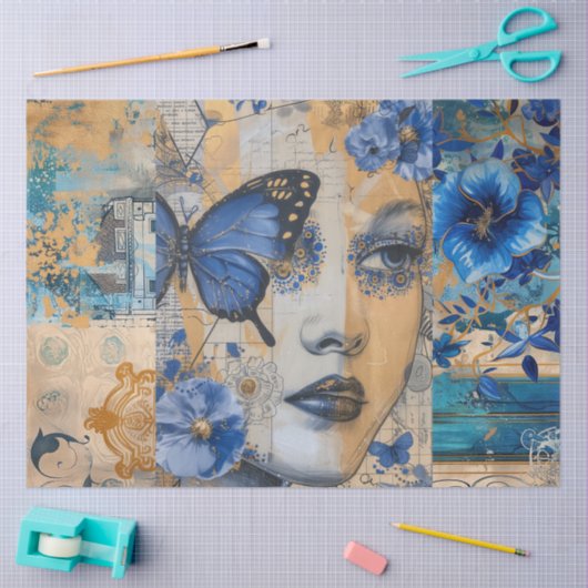 Indigo Blauw Abstracte Kunst Collage Decoupage Tissuepapier (Craft)