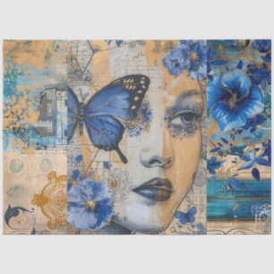 Indigo Blauw Abstracte Kunst Collage Decoupage Tissuepapier