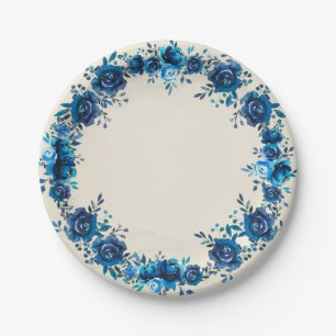 Indigo Blauw & Beige Aquarel Vintage Bloemen Papieren Bordje