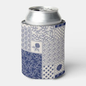 Indigo Blauw Beige Bloemen Patchwork Blikjeskoeler (Blikje Voorkant)