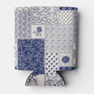 Indigo Blauw Beige Bloemen Patchwork Blikjeskoeler