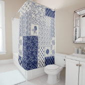 Indigo Blauw Beige Bloemen Patchwork Douchegordijn (In situ)