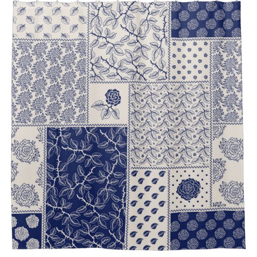 Indigo Blauw Beige Bloemen Patchwork Douchegordijn (Voorkant)