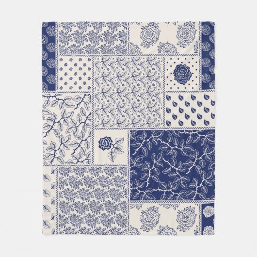 Indigo Blauw Beige Bloemen Patchwork Fleece Deken (Voorkant)