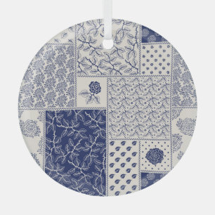 Indigo Blauw Beige Bloemen Patchwork Glas Ornament