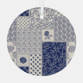 Indigo Blauw Beige Bloemen Patchwork Glas Ornament (Achterkant)