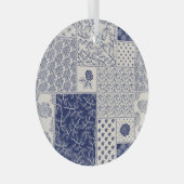 Indigo Blauw Beige Bloemen Patchwork Glas Ornament (Voorkant Rechts)