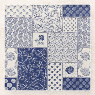 Indigo Blauw Beige Bloemen Patchwork Glazen Onderzetter