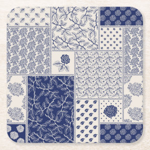 Indigo Blauw Beige Bloemen Patchwork Kartonnen Onderzetters