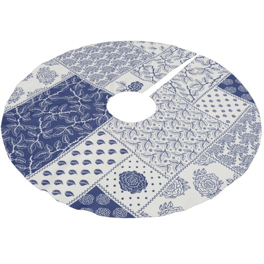 Indigo Blauw Beige Bloemen Patchwork Kerstboom Rok (Gekanteld)