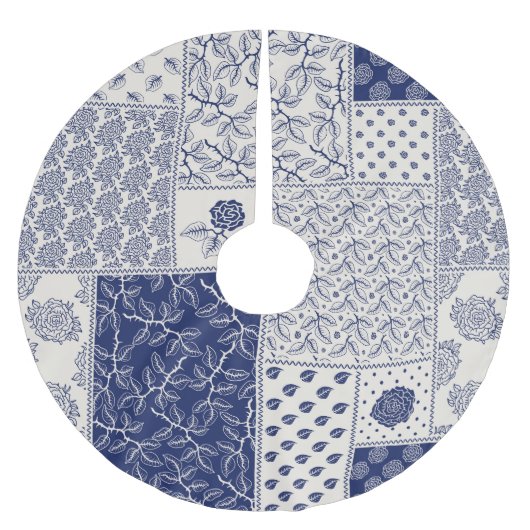 Indigo Blauw Beige Bloemen Patchwork Kerstboom Rok (Voorkant)